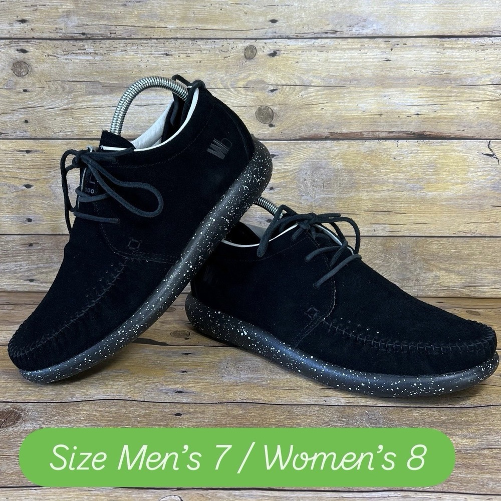 World‎ Boots Hemera Black Suede Moccasin Sneakers Speckle Sole Mens 7 Womens 8
